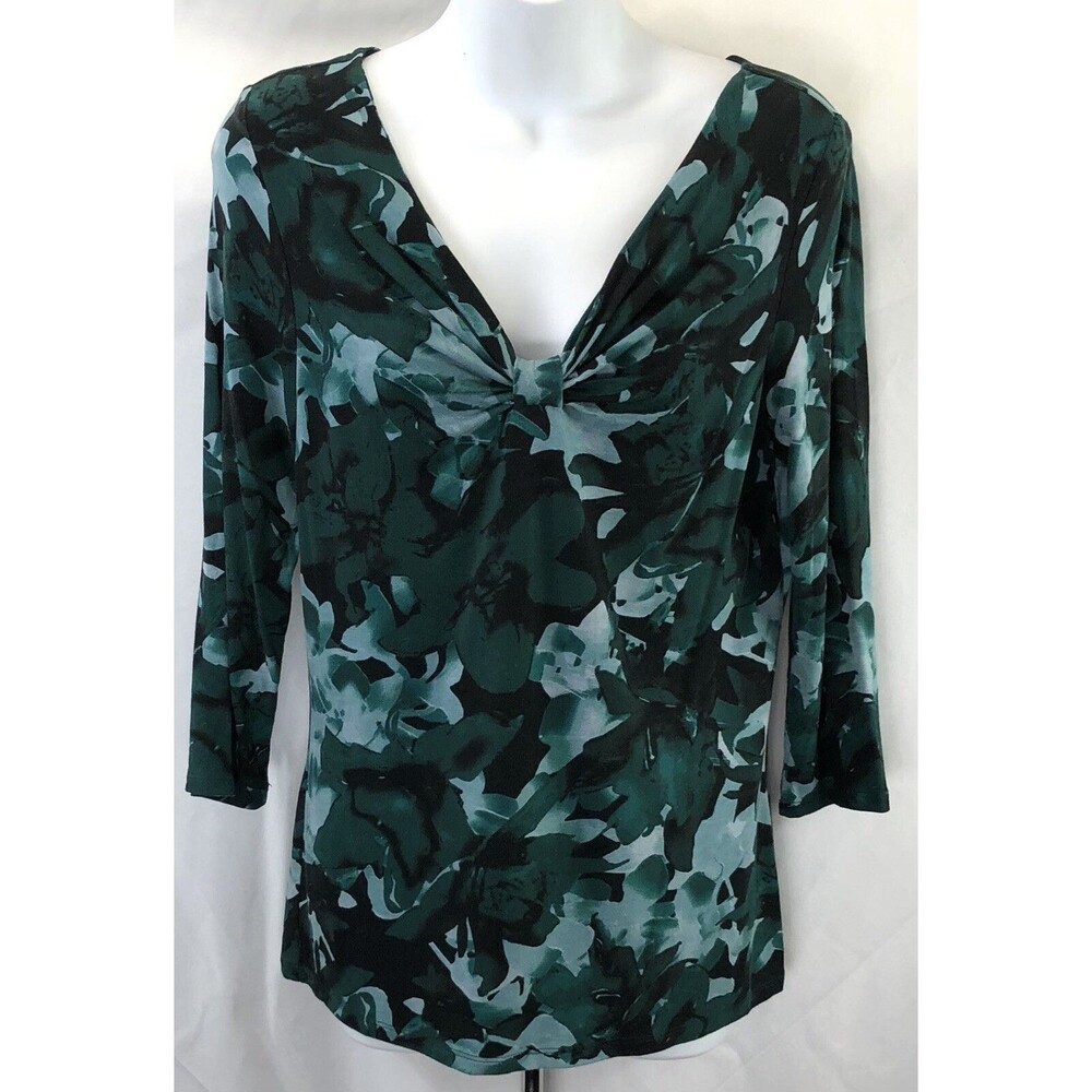 Dana Buckman twist drape the neck top XS green Geo floral abstract 3/4 sleeve